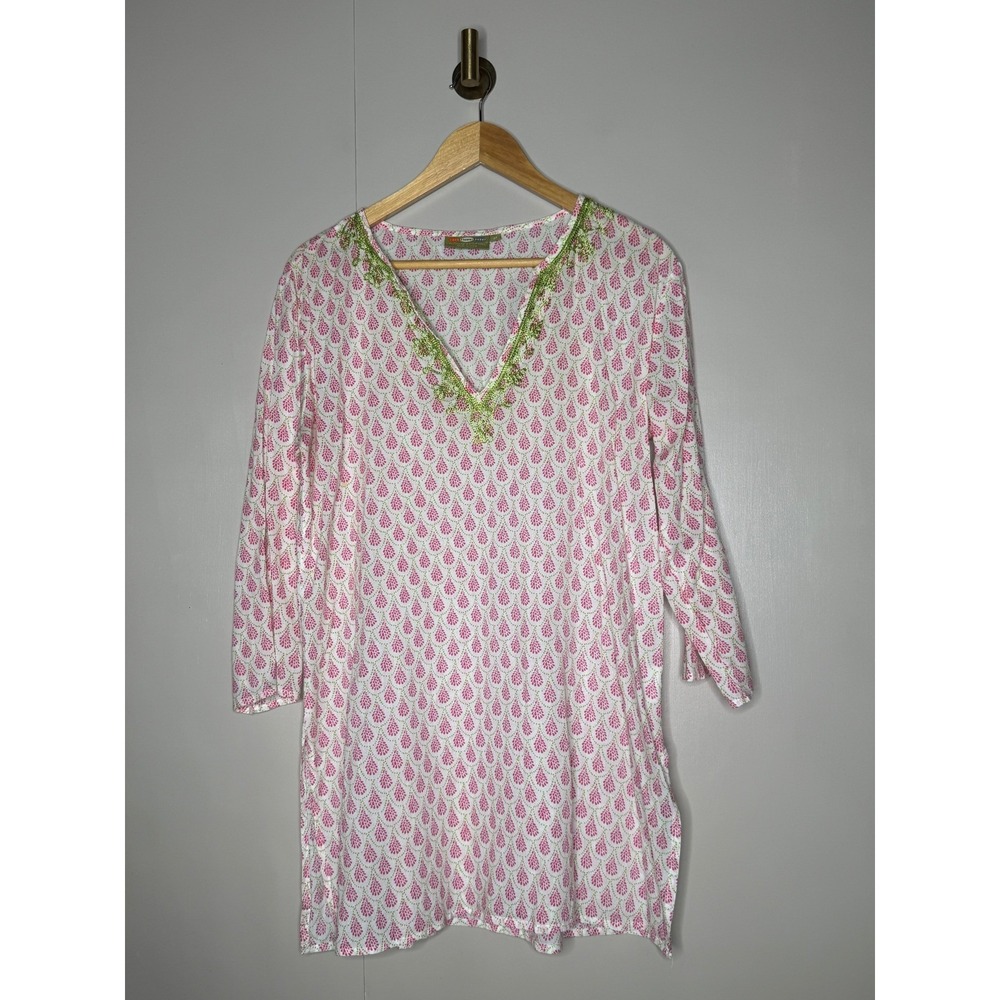 Floral Print Tunic Top Boho Cotton V Neck Green Pink Medium